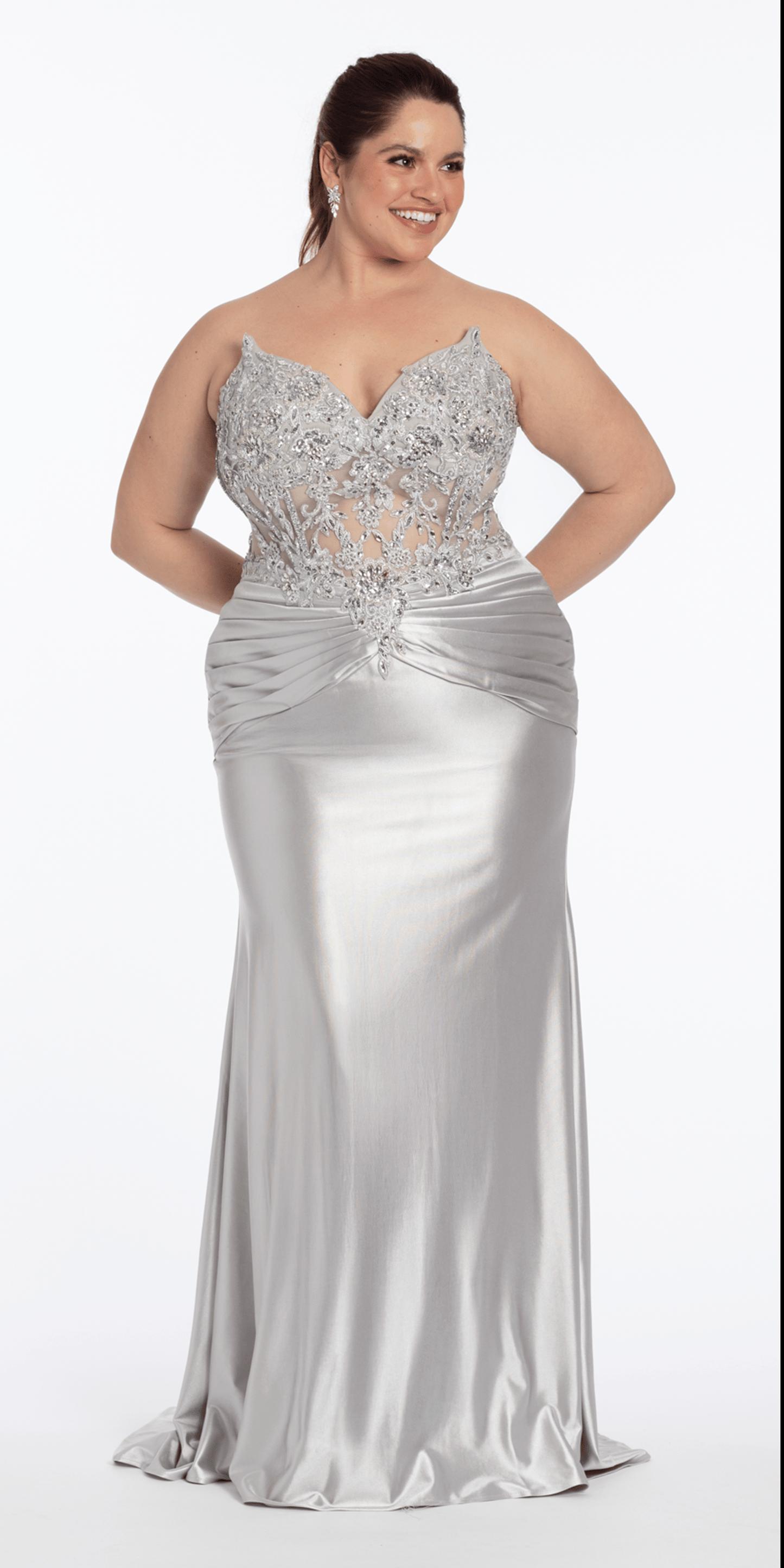 Satin Strapless Sweetheart Embroidered Corset Column Dress - Camille La Vie