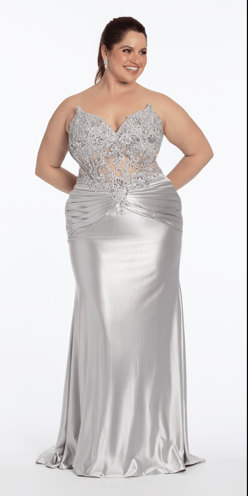 Satin Strapless Sweetheart Embroidered Corset Column Dress - Camille La Vie