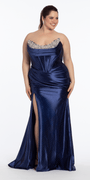 Pointed Rhinestone Satin Strapless Corset Column Dress - Camille La Vie