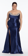 Pointed Rhinestone Satin Strapless Corset Column Dress - Camille La Vie