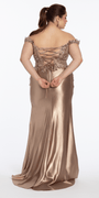 Off the Shoulder Sequin Satin Column Dress with Exaggerated Side Slit - Camille La Vie