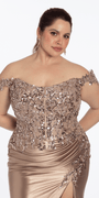 mocha/size/14/plus/Camille La Vie/Off the Shoulder Sequin Satin Column Dress with Exaggerated Side Slit / Close up