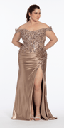 Off the Shoulder Sequin Satin Column Dress with Exaggerated Side Slit - Camille La Vie