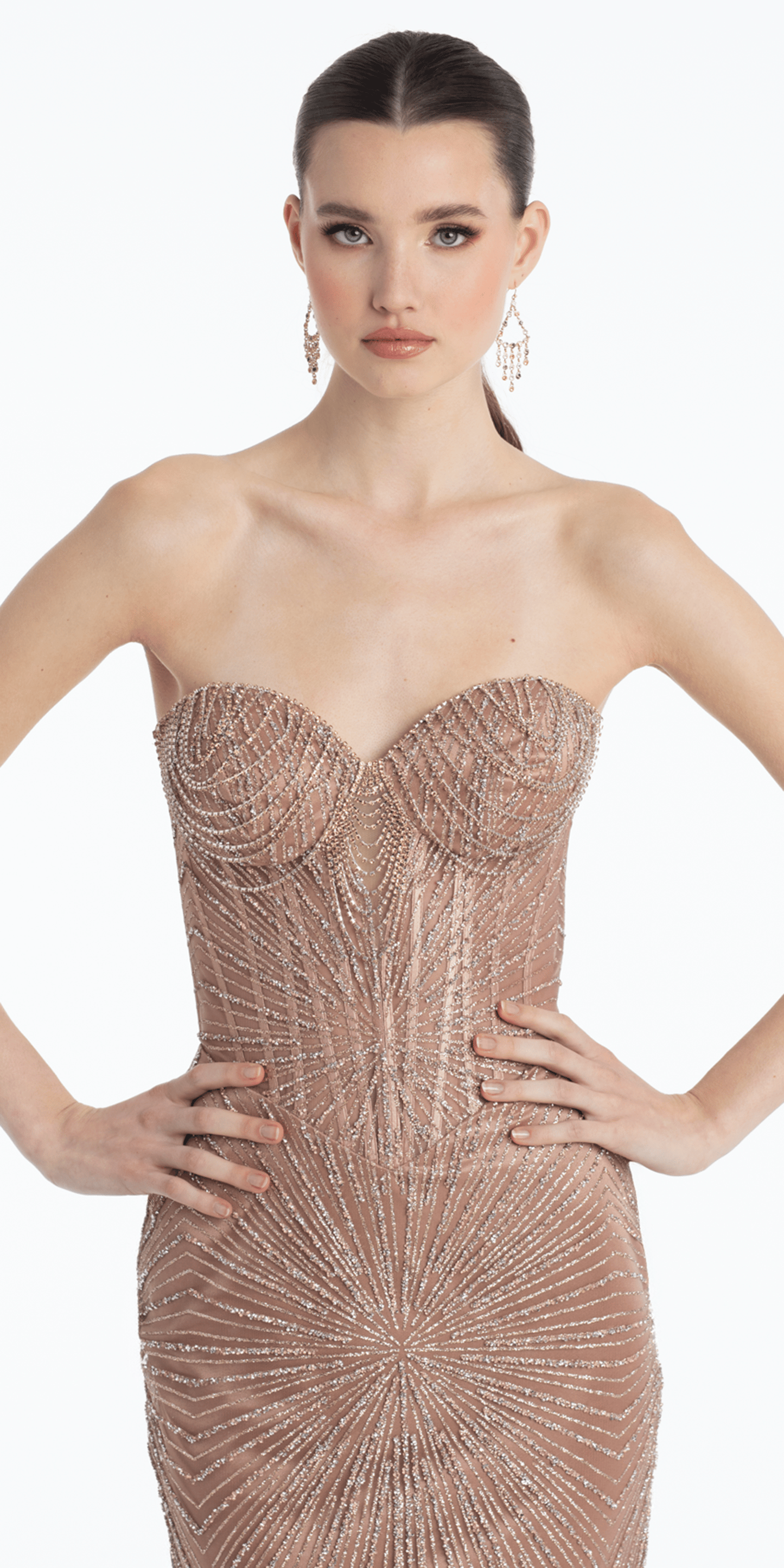 Sunburst Glitter Tulle Strapless Corset Trumpet Dress with Chain Detail - Camille La Vie