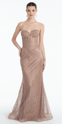 Sunburst Glitter Tulle Strapless Corset Trumpet Dress with Chain Detail - Camille La Vie