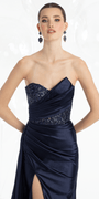 navy/size/4/missy/Camille La Vie/Satin Embroidered Strapless Column Dress with Side Drape/close up