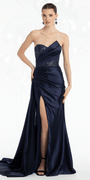 Satin Embroidered Strapless Column Dress with Side Drape - Camille La Vie