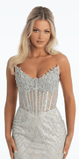 platinum/size/4/missy/Camille La Vie/Pointed Strapless Rhinestone Mesh Column Dress with Side Slit/close up