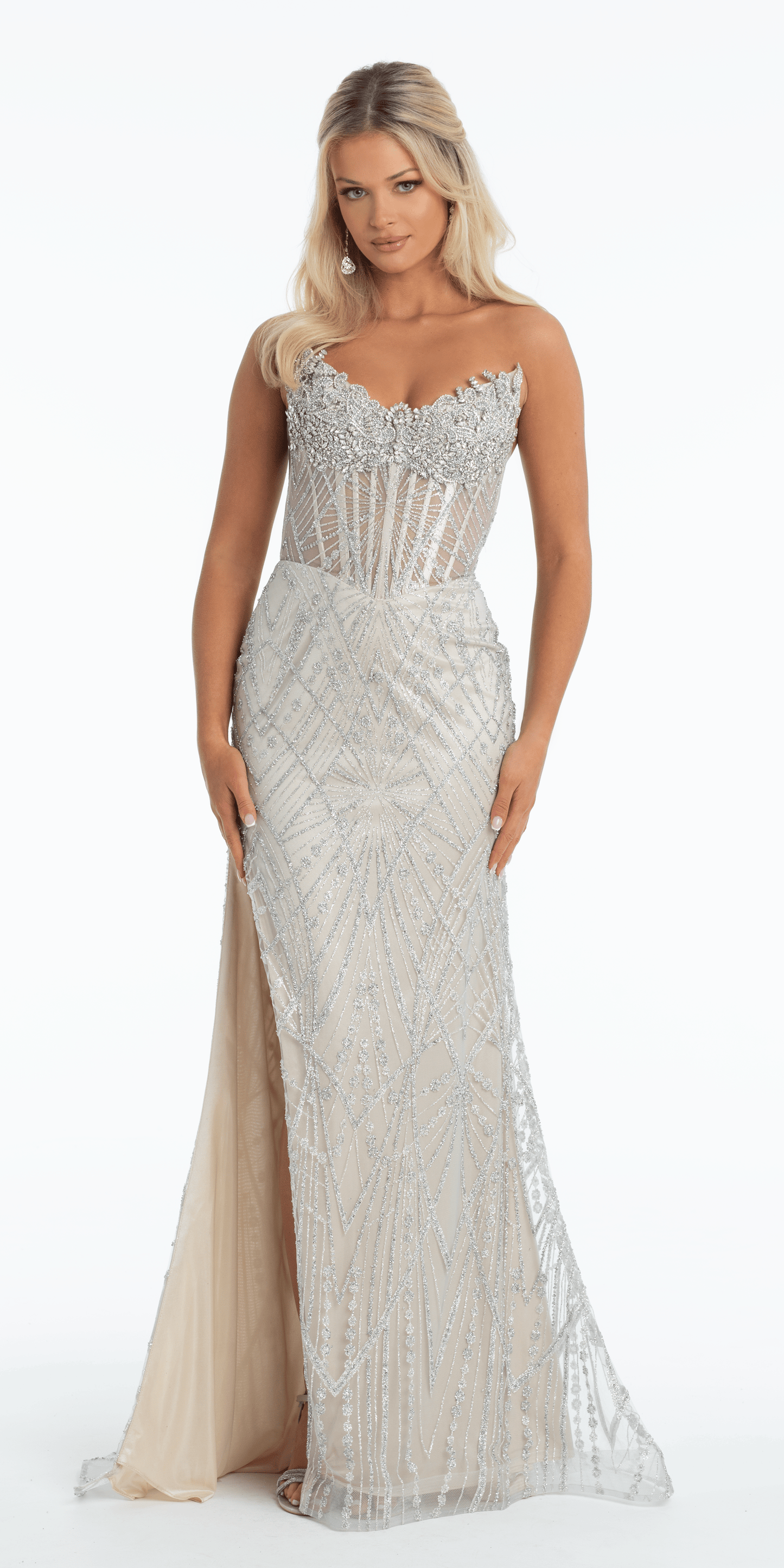 platinum/size/4/missy/Camille La Vie/Pointed Strapless Rhinestone Mesh Column Dress with Side Slit/front