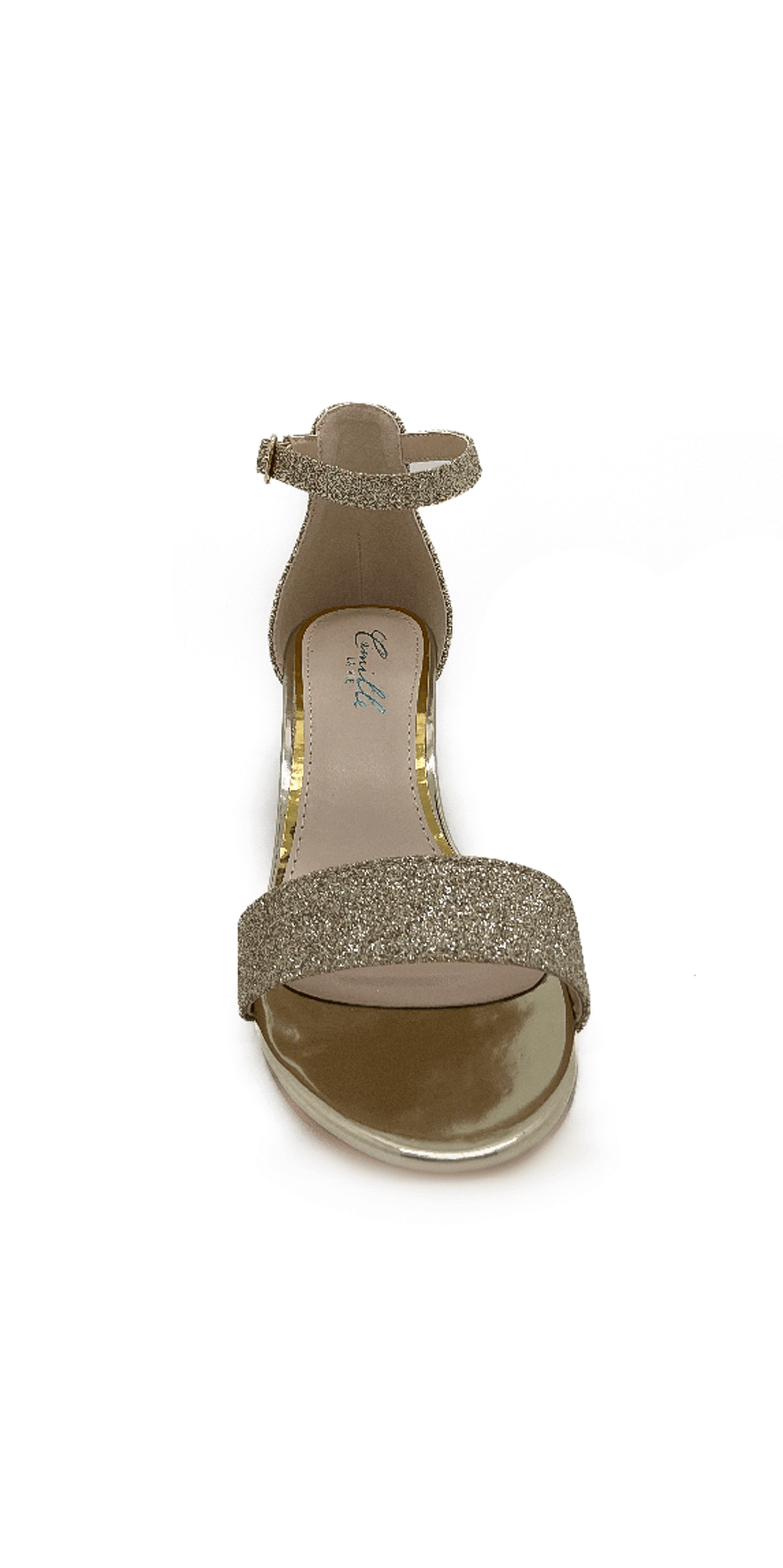 gold/size/6/Camille La Vie/Low Heel Glitter Ankle Strap Sandal / front