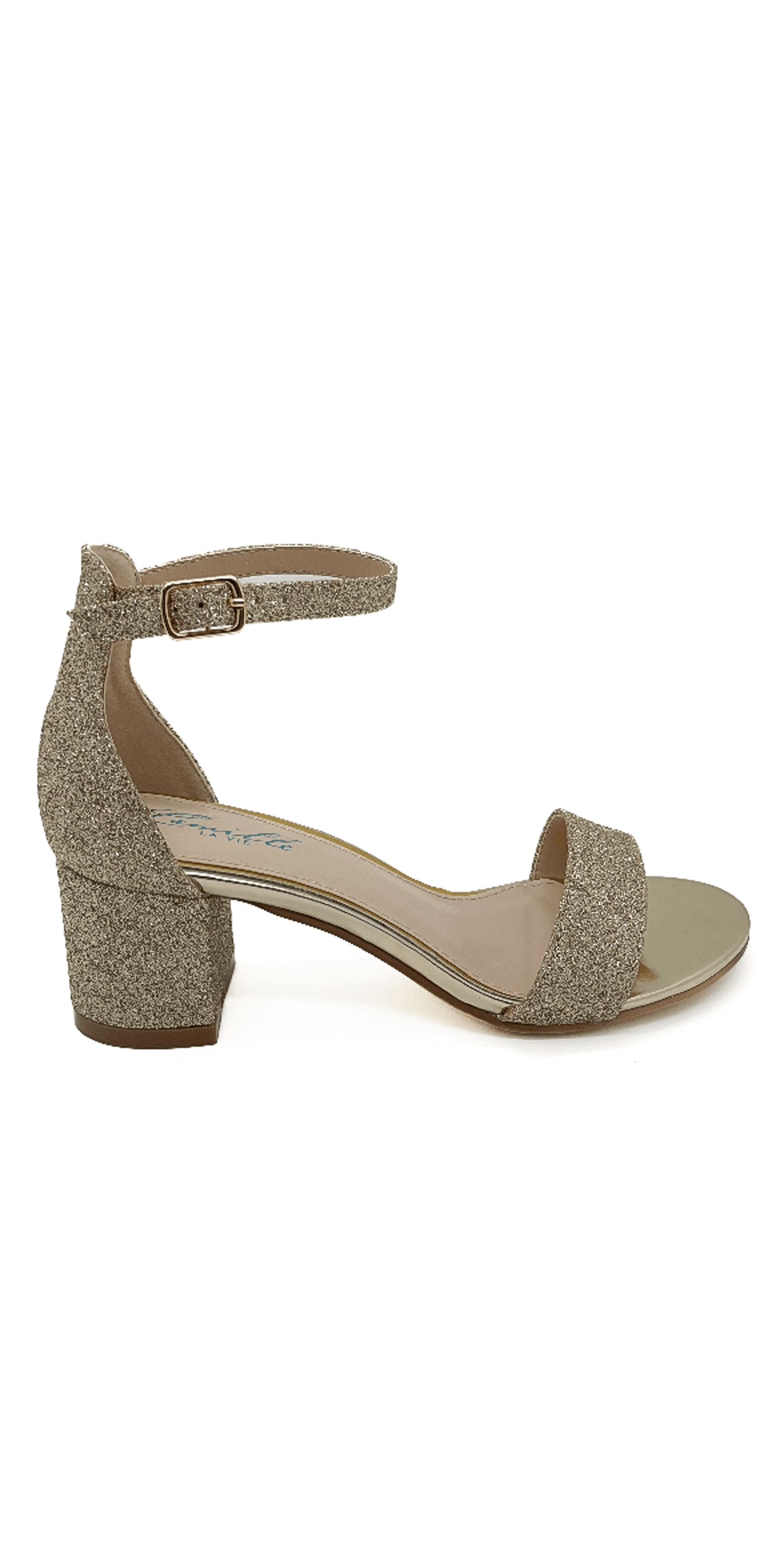 gold/size/6/Camille La Vie/Low Heel Glitter Ankle Strap Sandal / right side