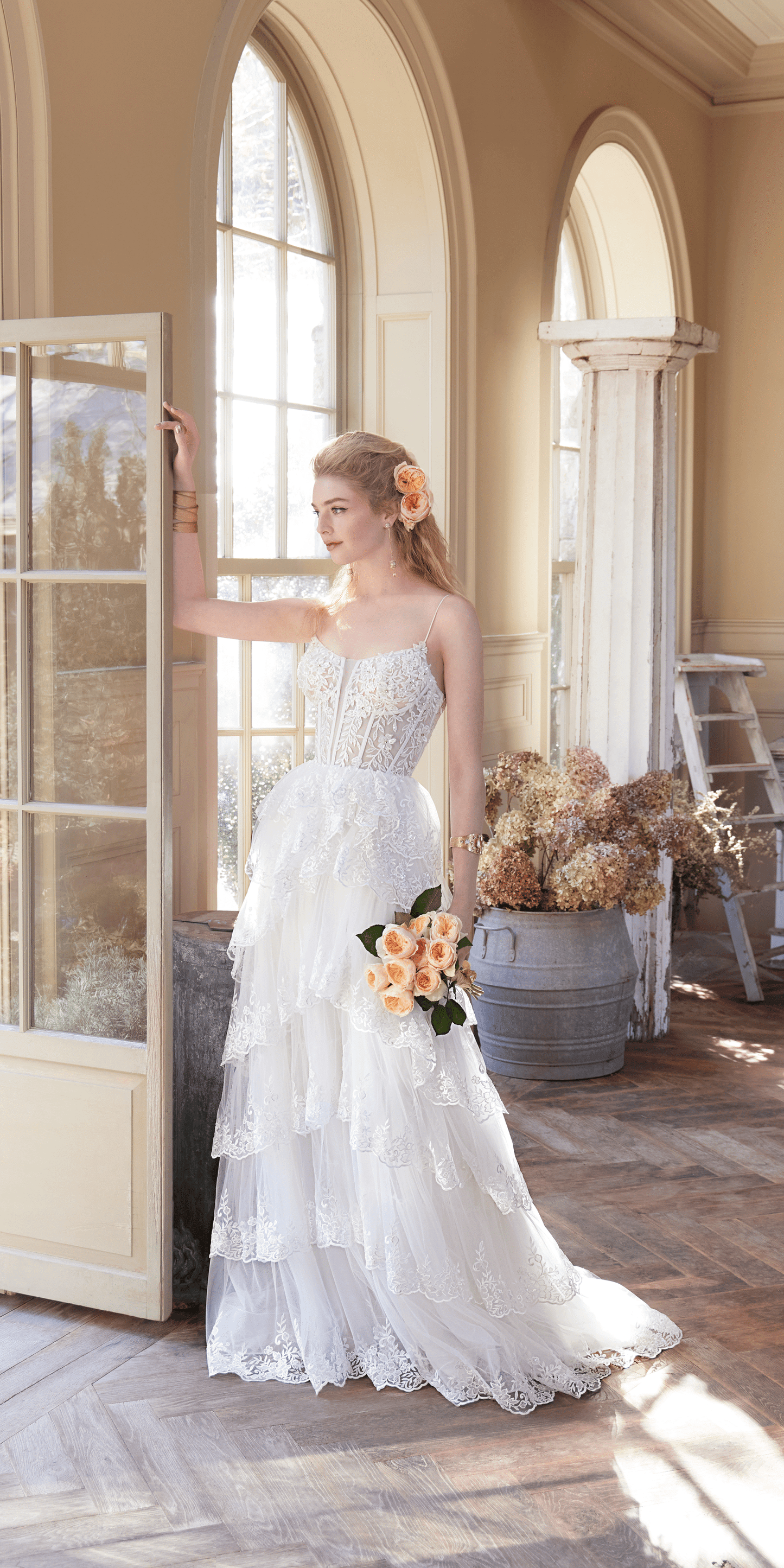 ivory/size/4/missy/Camille La Vie/Embellished Corset Tiered Tulle Dress with Side Slit/front