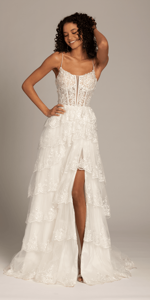 ivory/size/4/missy/Camille La Vie/Embellished Corset Tiered Tulle Dress with Side Slit/front alt 1