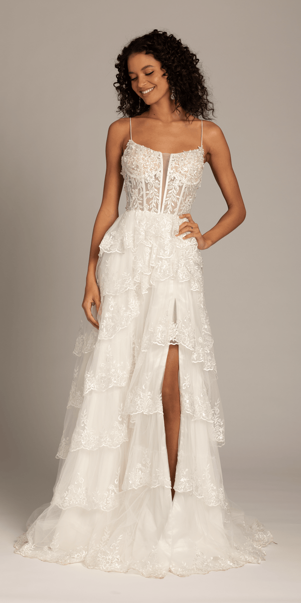 ivory/size/4/missy/Camille La Vie/Embellished Corset Tiered Tulle Dress with Side Slit/front alt 2
