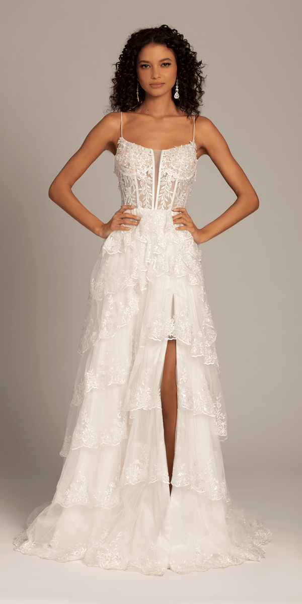 ivory/size/4/missy/Camille La Vie/Embellished Corset Tiered Tulle Dress with Side Slit/front alt