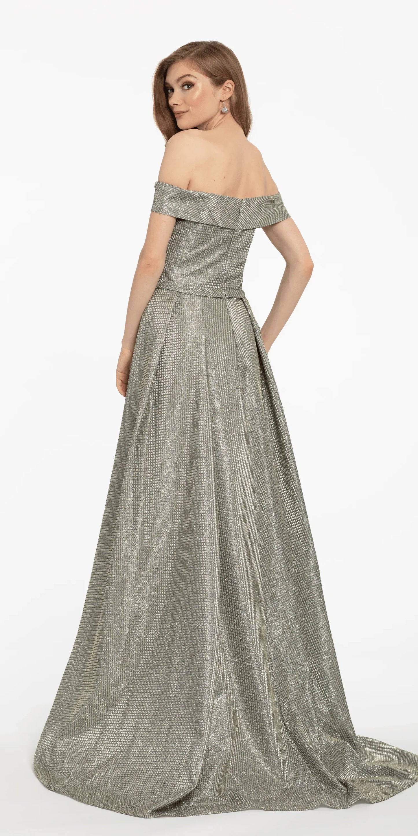 light-gold/size/4/missy/Camille La Vie/Off the Shoulder Metallic Shimmer Dress/back alt