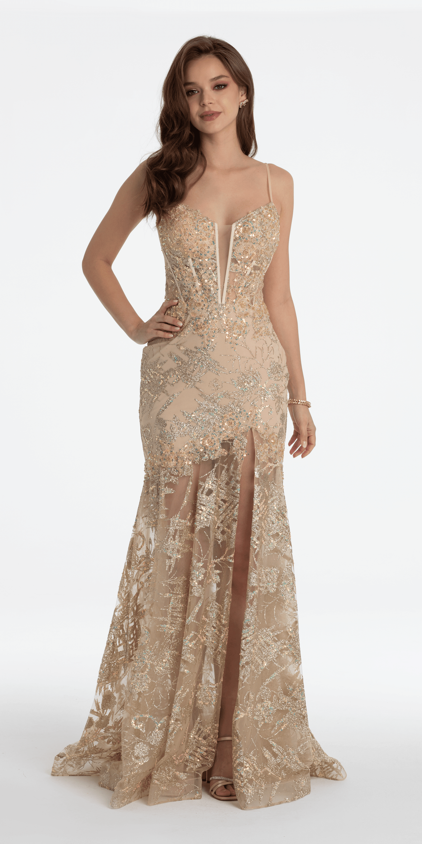 Illusion Plunge Corset Beaded Trumpet Dress - Camille La Vie