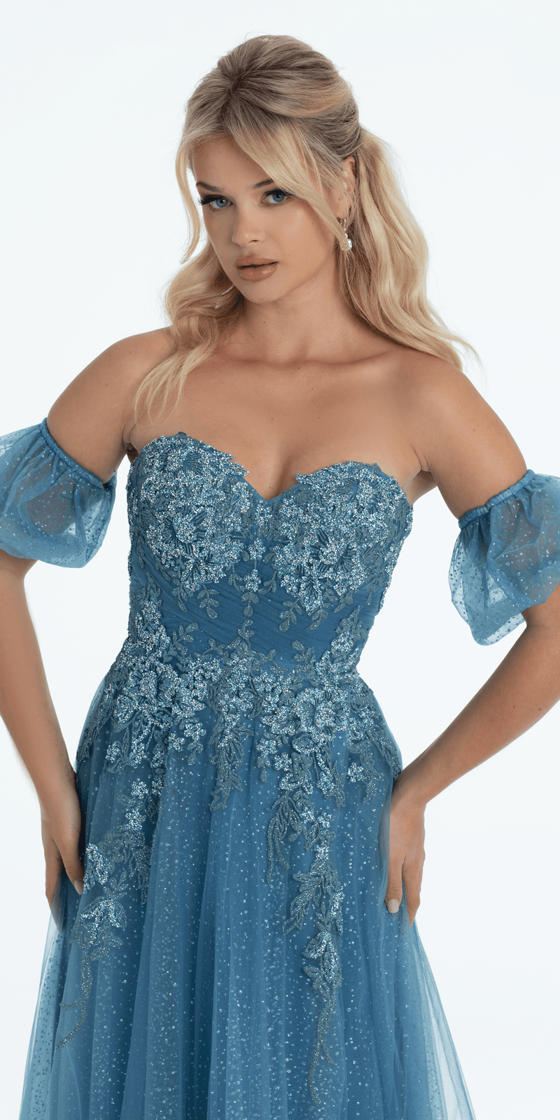 Strapless Glitter Embroidered Sweetheart Puff Sleeve Ballgown - Camille La Vie