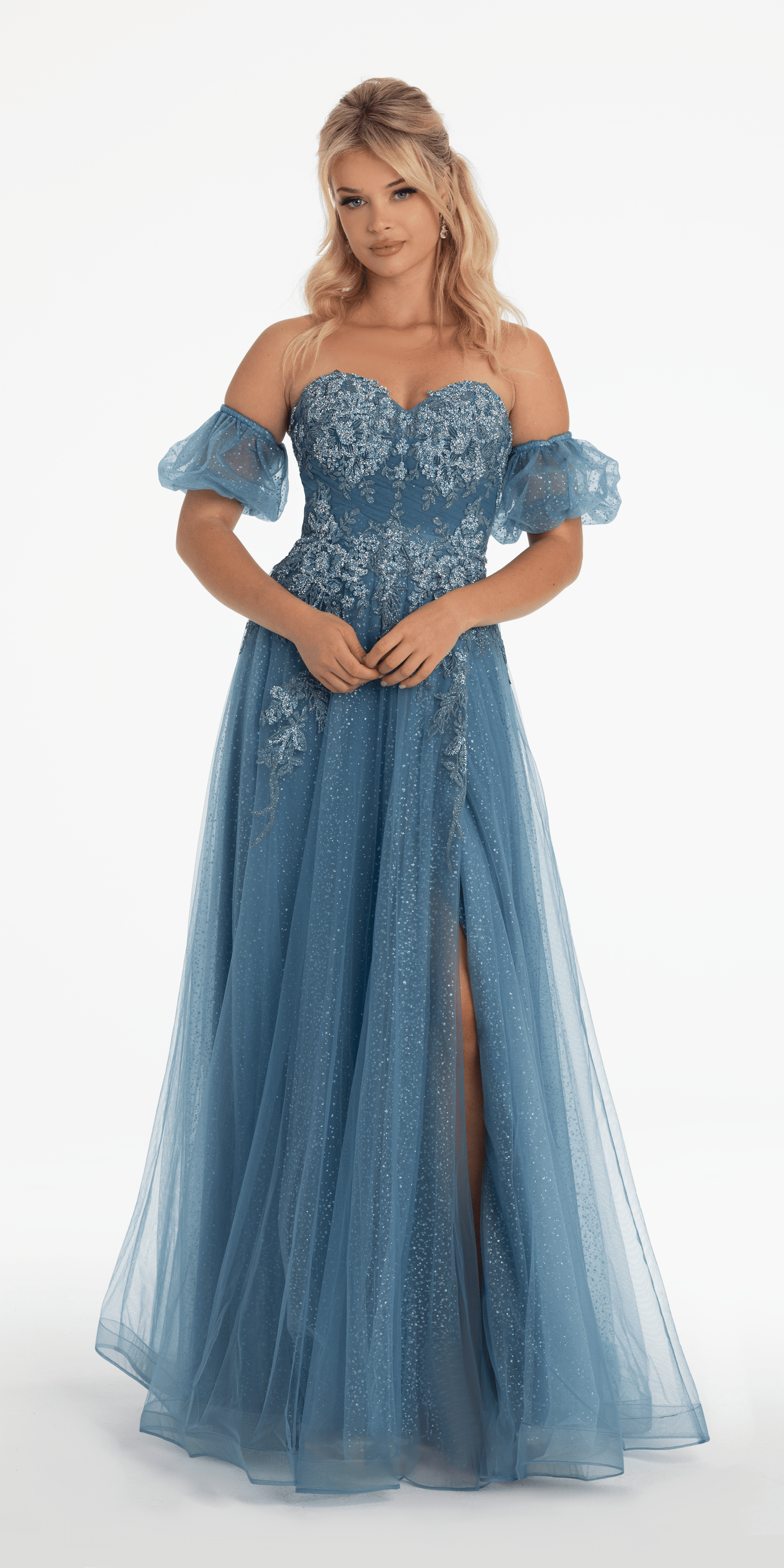 Strapless Glitter Embroidered Sweetheart Puff Sleeve Ballgown - Camille La Vie