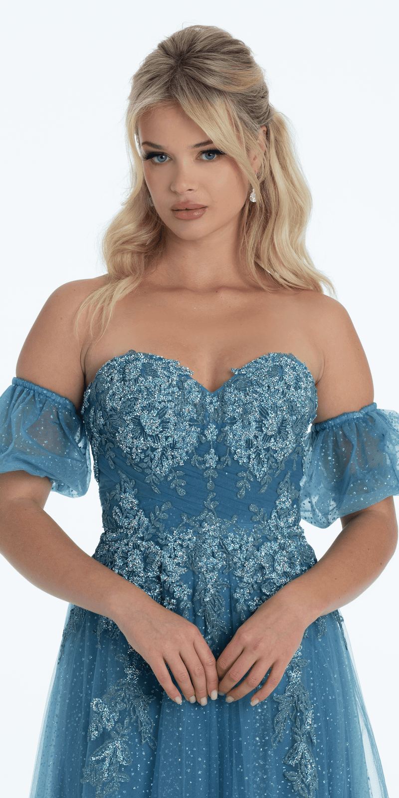 Strapless Glitter Embroidered Sweetheart Puff Sleeve Ballgown - Camille La Vie