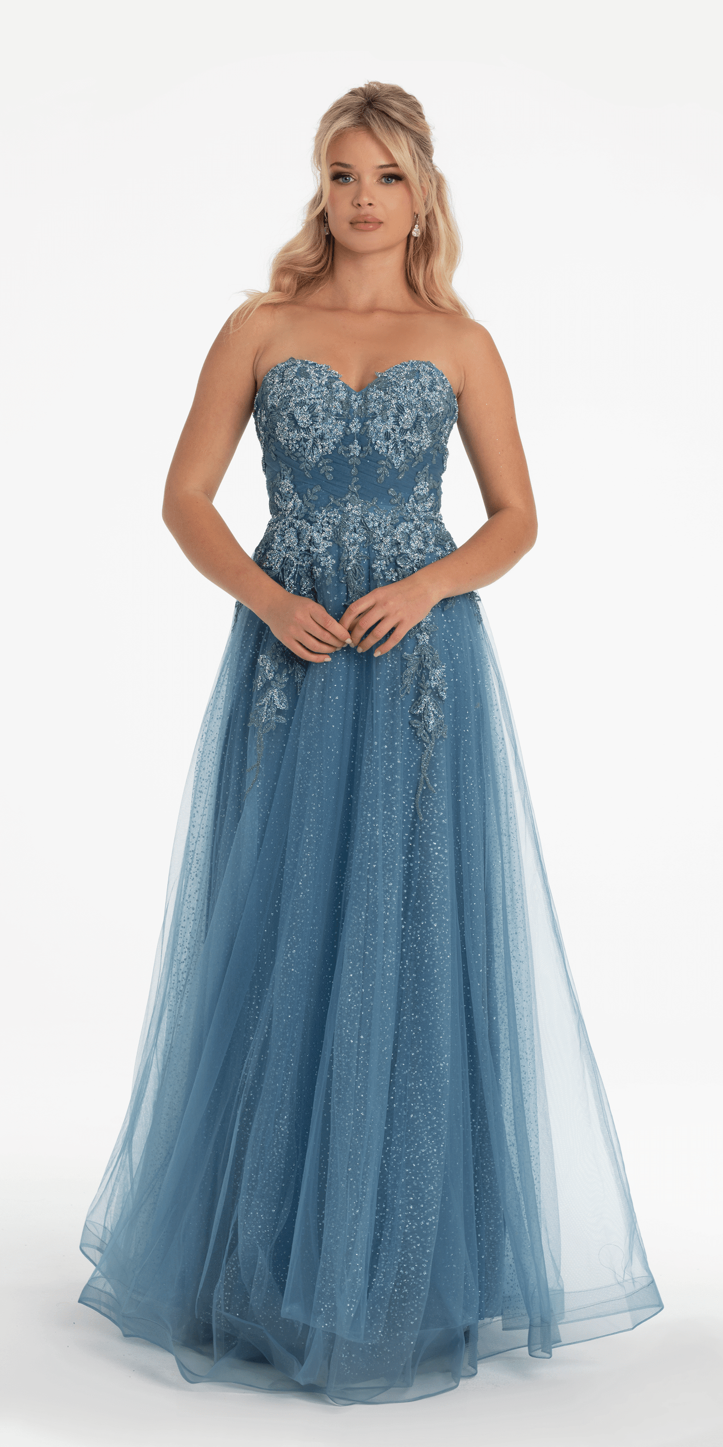 Strapless Glitter Embroidered Sweetheart Puff Sleeve Ballgown - Camille La Vie