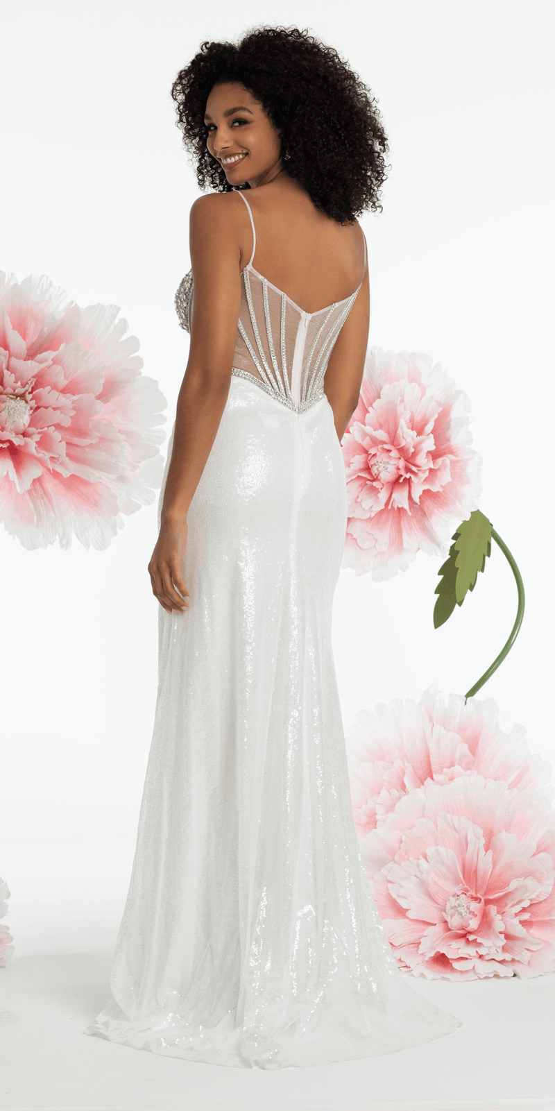 Rhinestone Sweetheart Corset Sequin Column Dress with Shawl - Camille La Vie