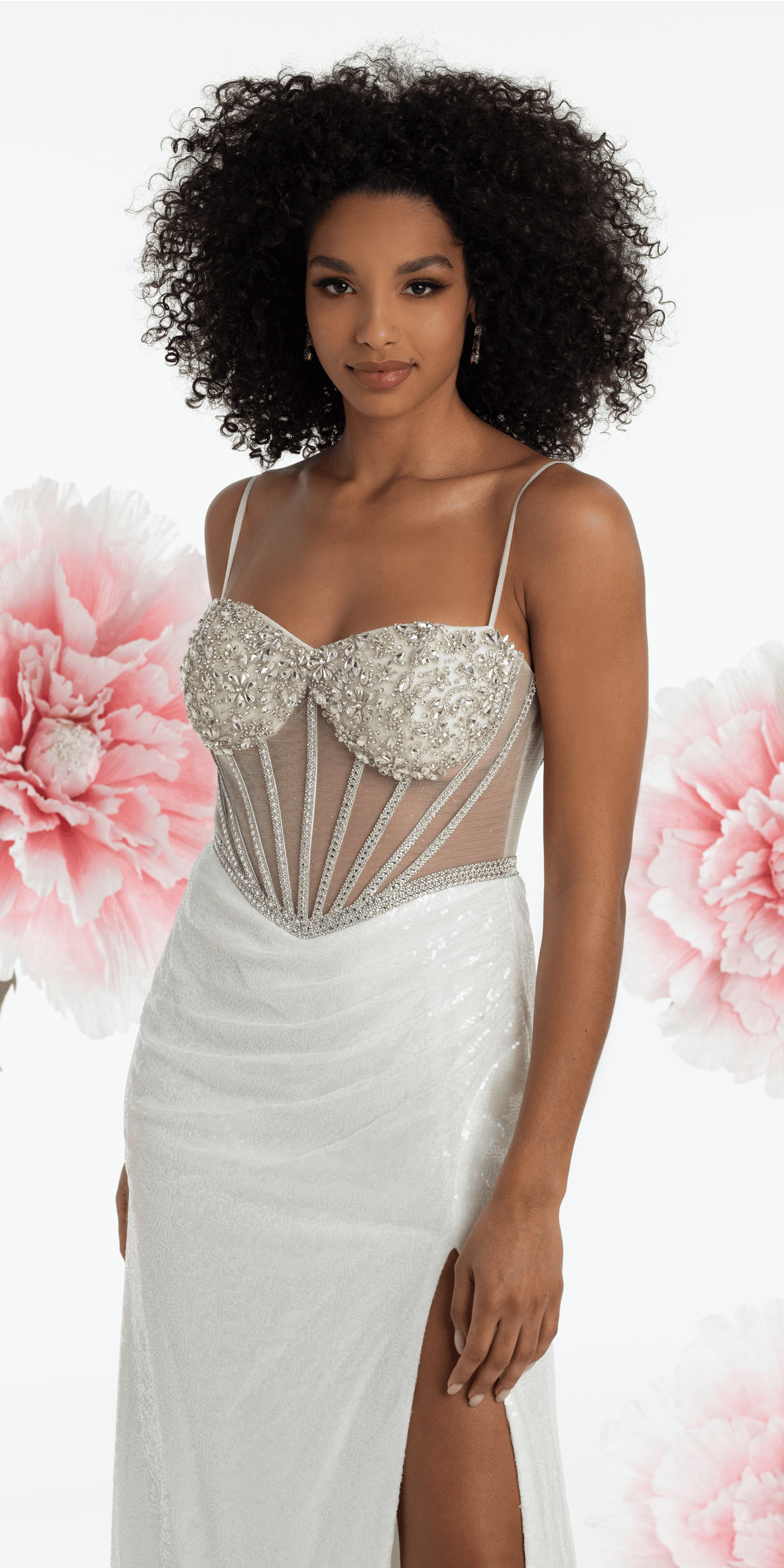 Rhinestone Sweetheart Corset Sequin Column Dress with Shawl - Camille La Vie