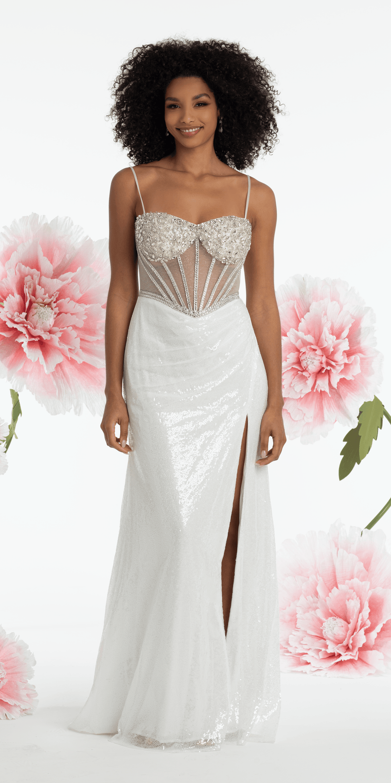 Rhinestone Sweetheart Corset Sequin Column Dress with Shawl - Camille La Vie