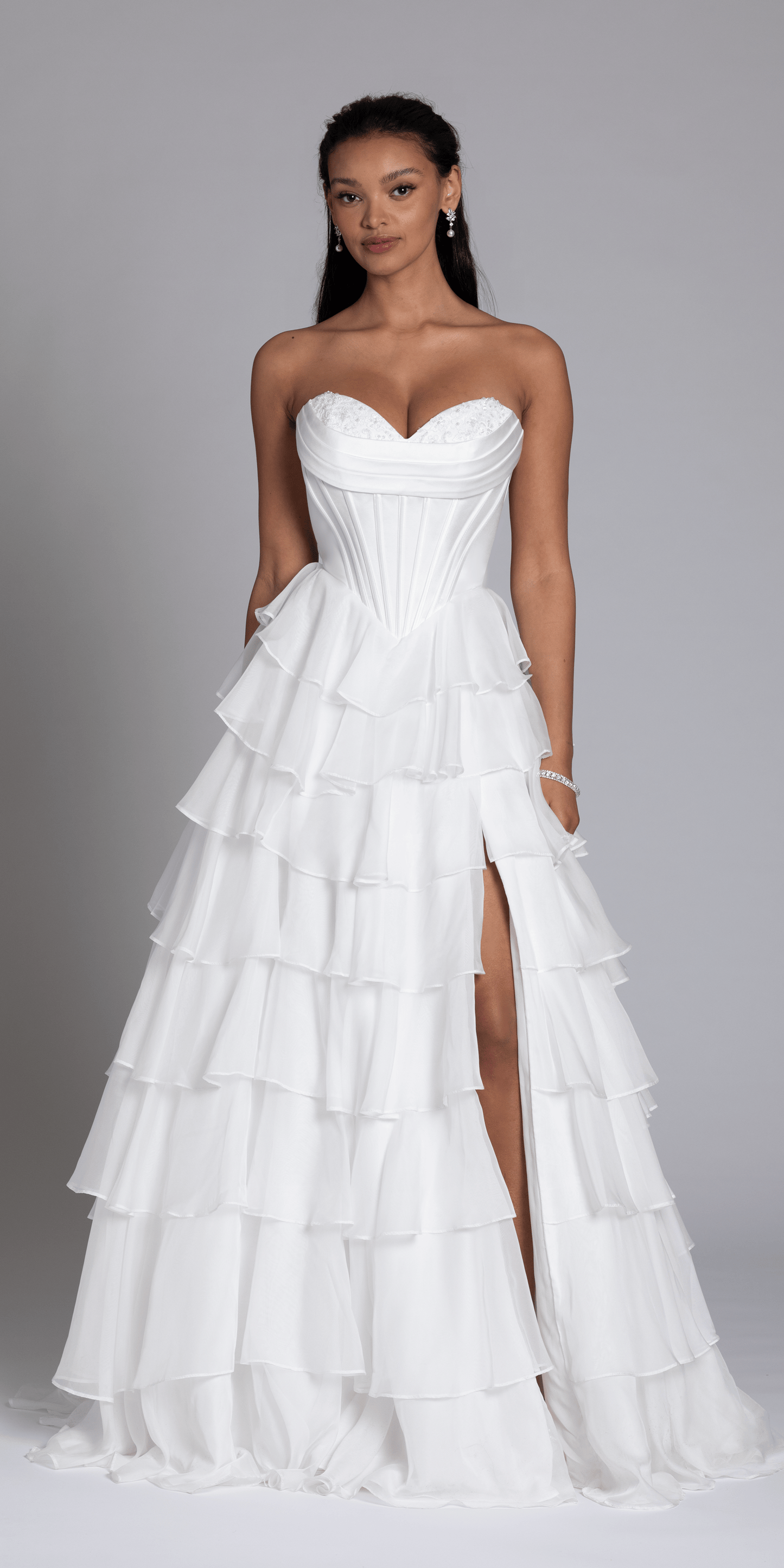 Strapless Tiered Chiffon and Satin Pleated Corset Ballgown - Camille La Vie