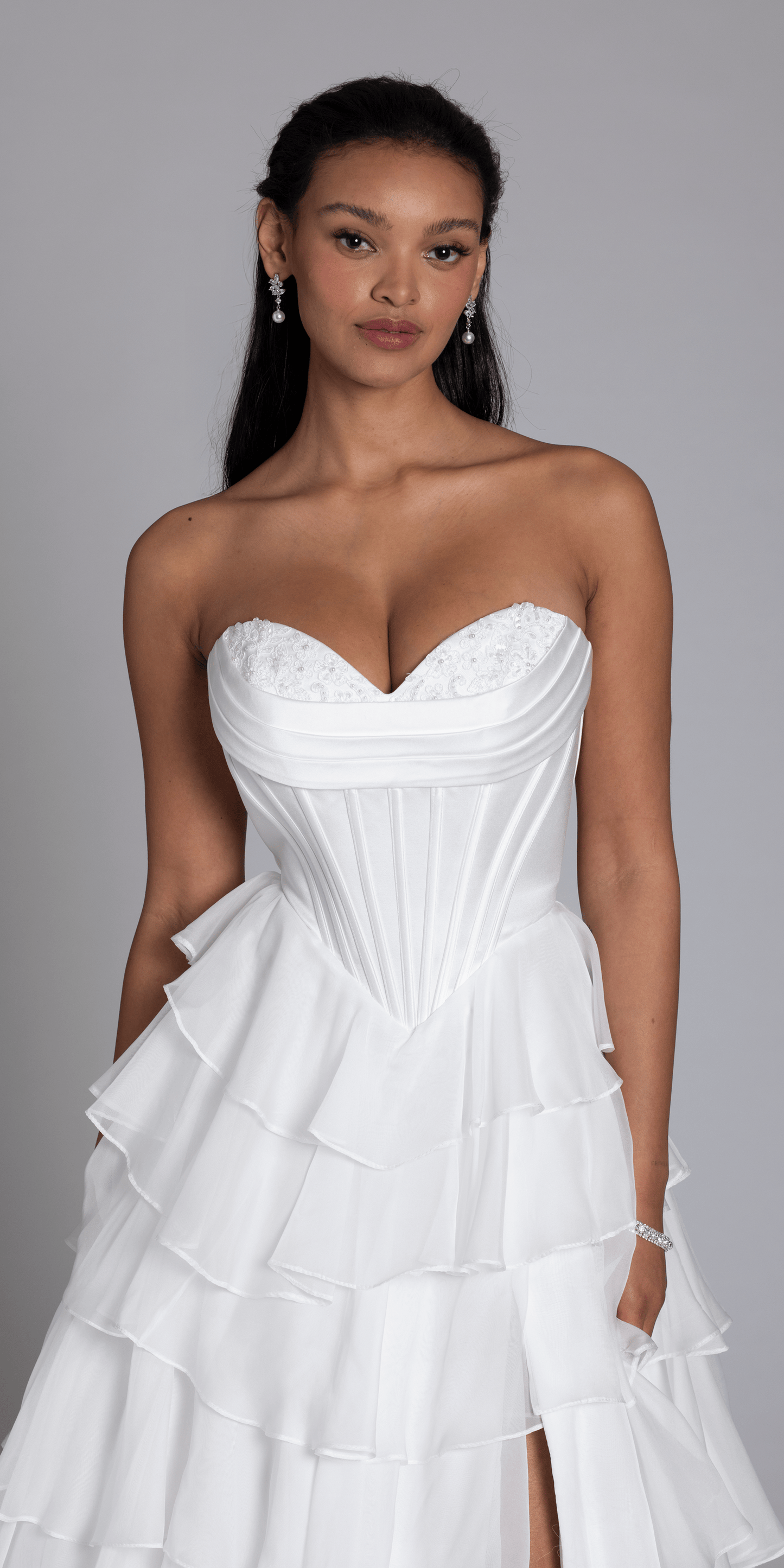 Strapless Tiered Chiffon and Satin Pleated Corset Ballgown - Camille La Vie