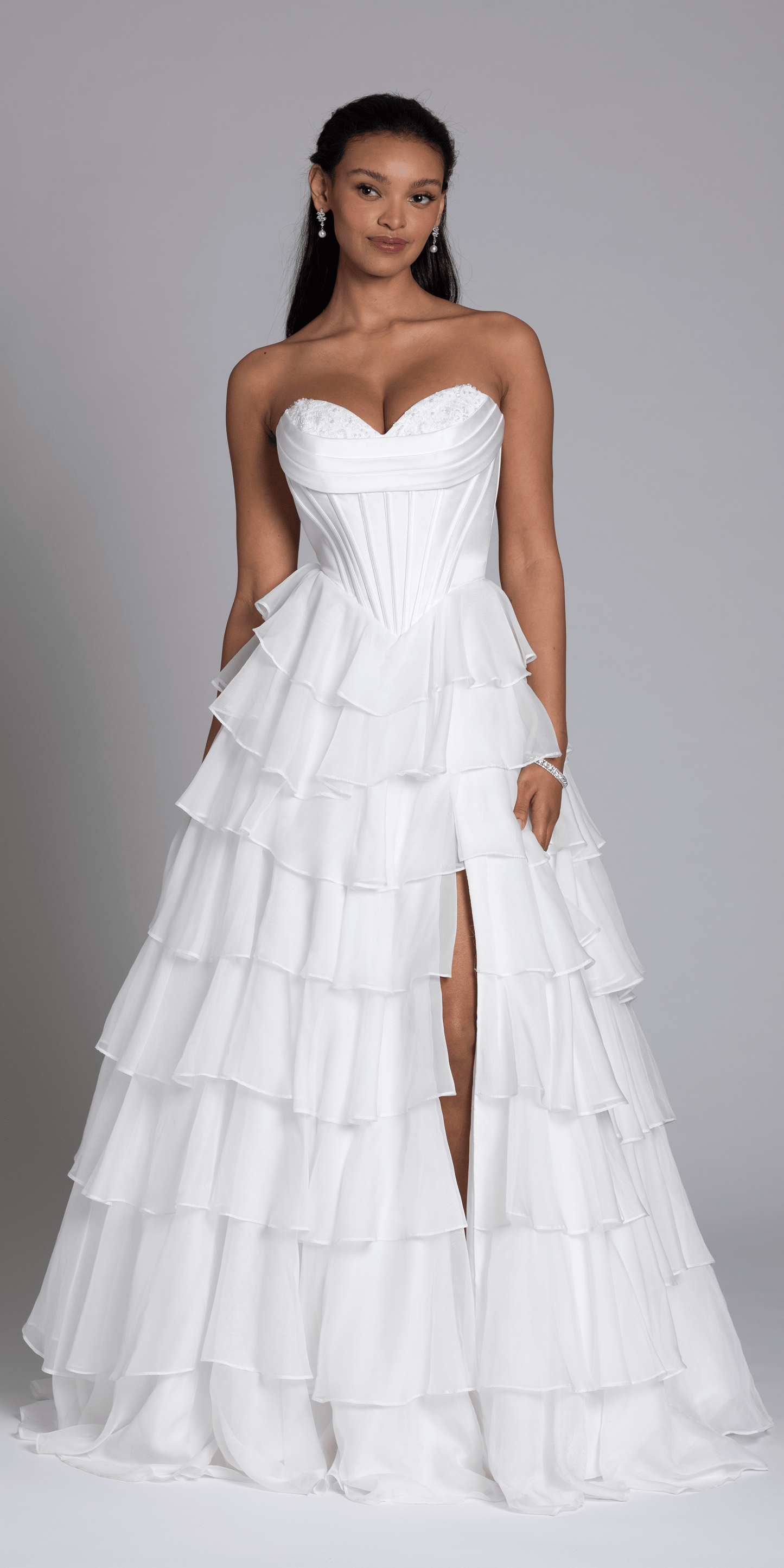 Strapless Tiered Chiffon and Satin Pleated Corset Ballgown - Camille La Vie