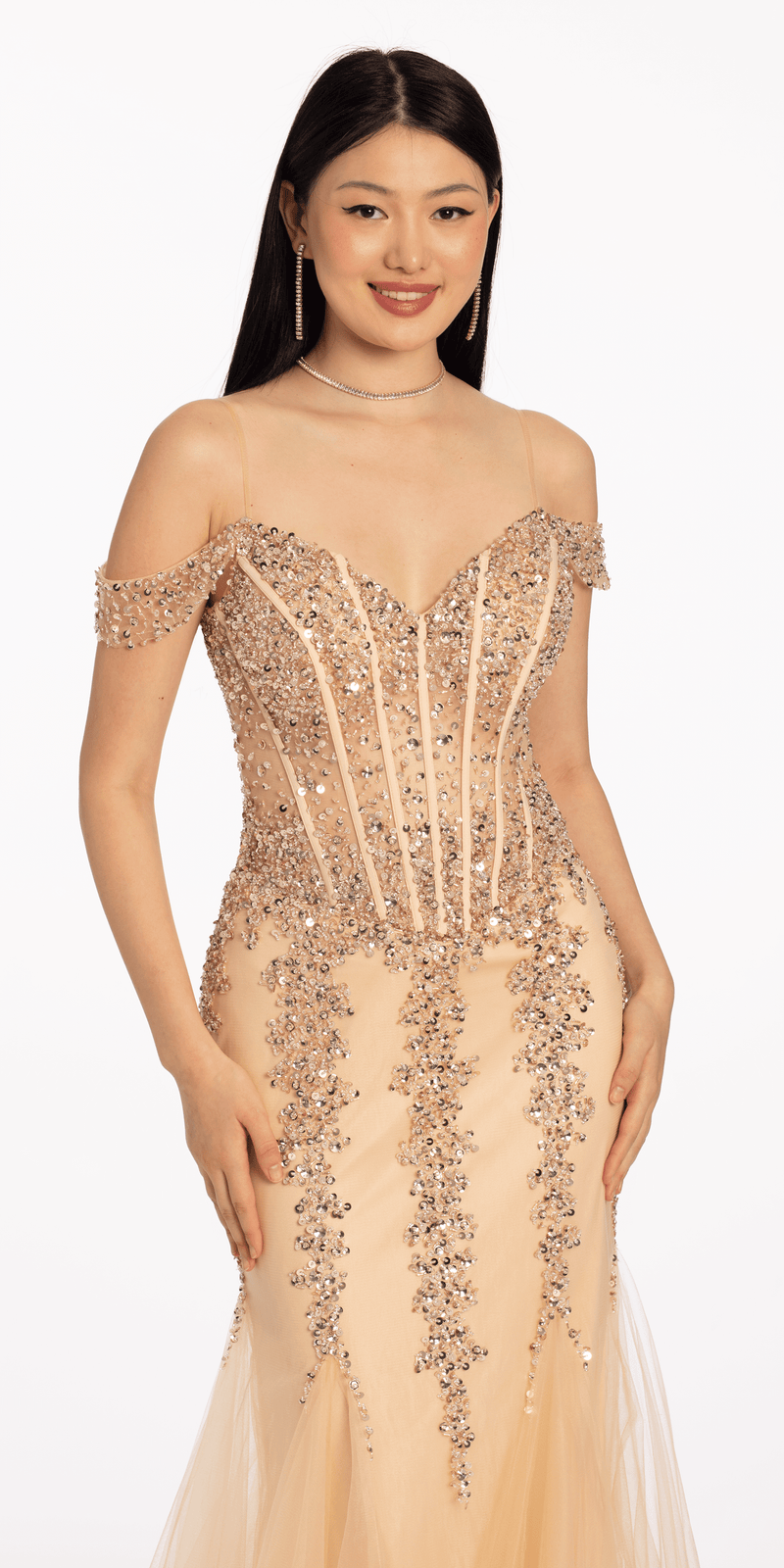 Illusion Corset Off the Shoulder Godet Dress - Camille La Vie