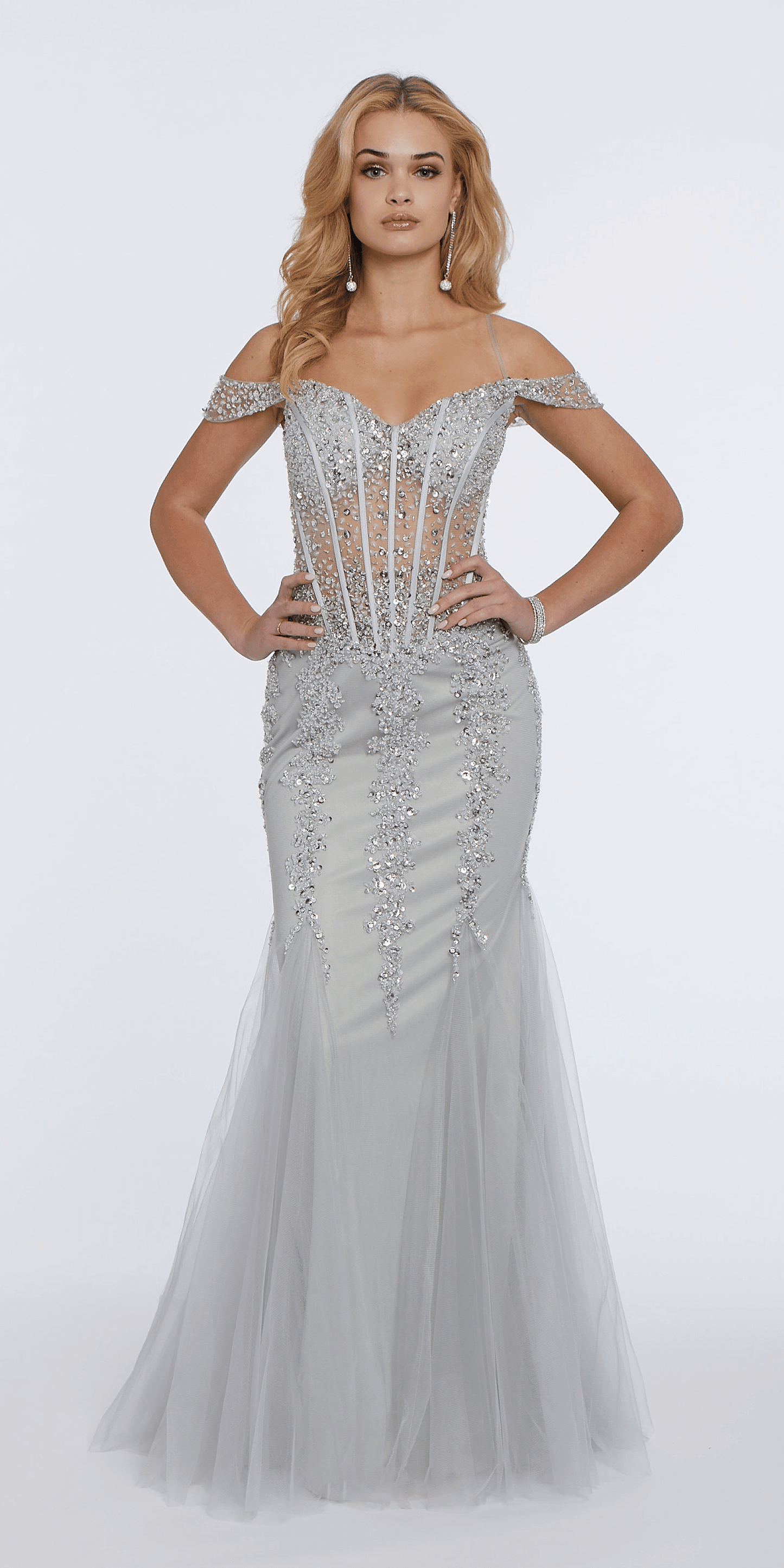 Illusion Corset Off the Shoulder Godet Dress - Camille La Vie