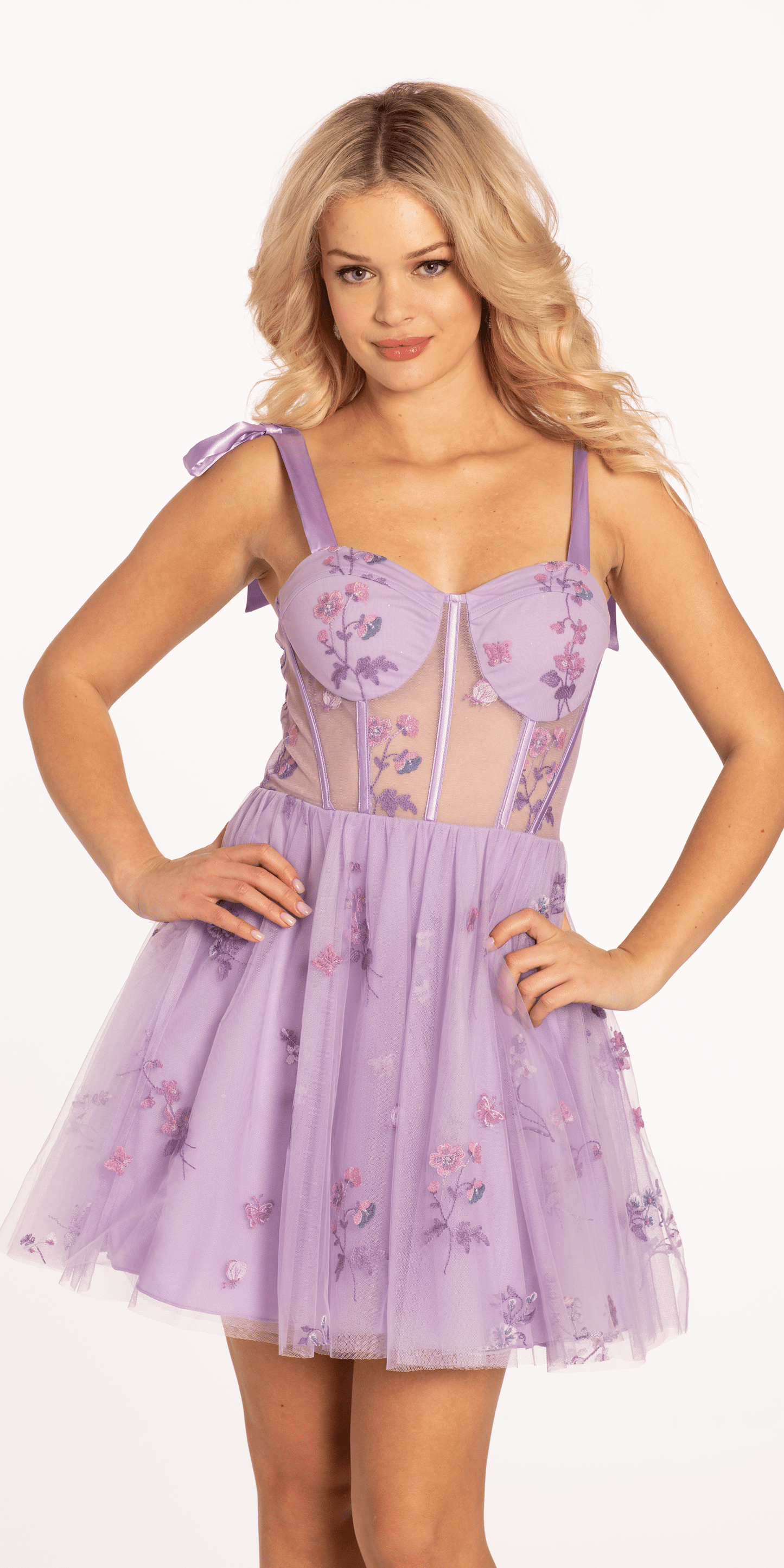 Mesh Floral Embroidered Corset Fit and Flare Dress - Camille La Vie