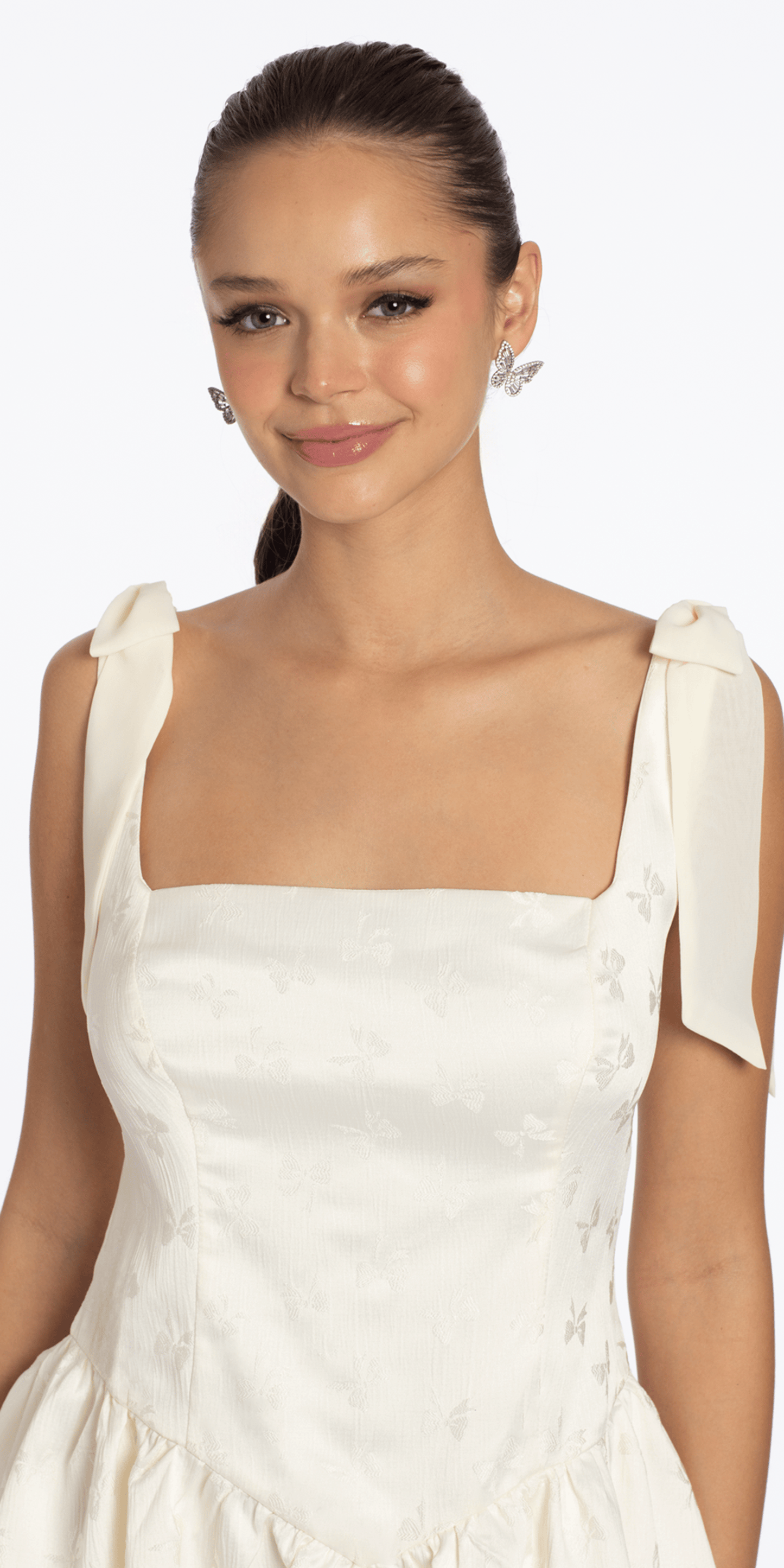 Basque Waist Jacquard Tie Shoulder Dress - Camille La Vie