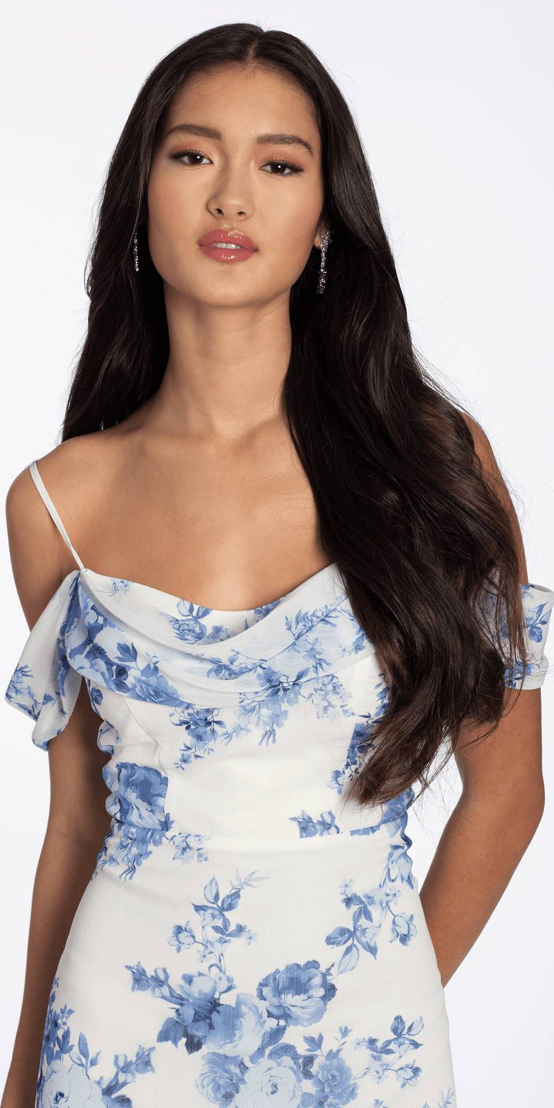 ivory-blue/size/s/missy/Camille La Vie/Floral Print Chiffon Off the Shoulder High Low Dress/close up