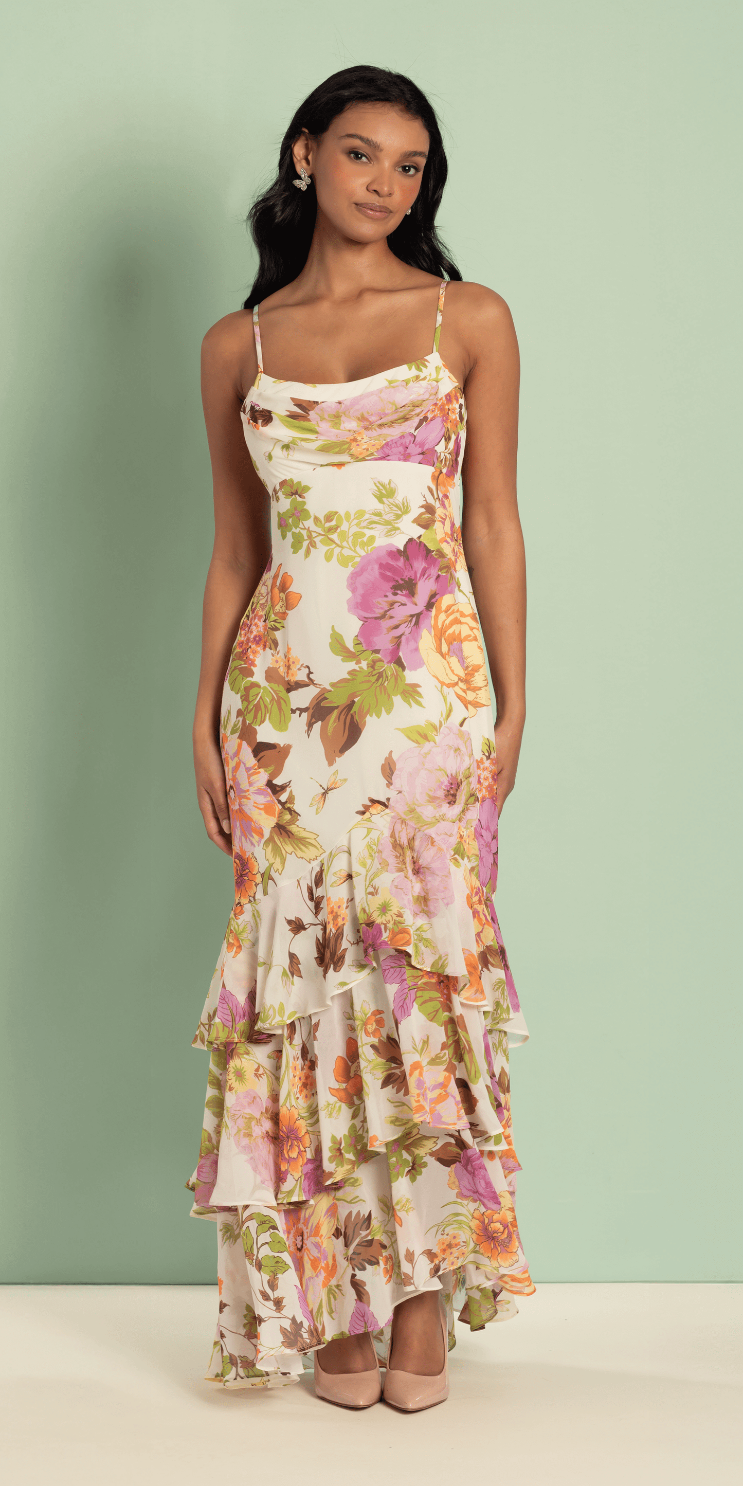 Floral Print Chiffon Drape Front Ruffle High-Low Dress - Camille La Vie