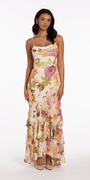 Floral Print Chiffon Drape Front Ruffle High-Low Dress - Camille La Vie