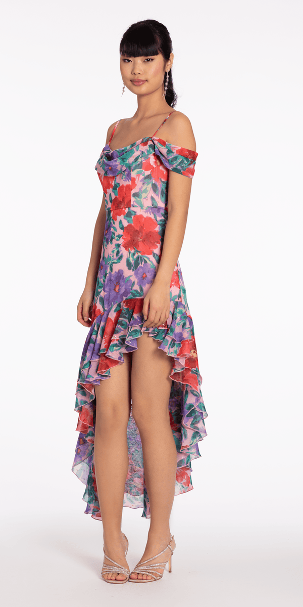 Chiffon Watercolor Tiered Asymmetrical Dress - Camille La Vie