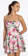 Rose Print Satin Tiered Tie Back Skater Dress - Camille La Vie