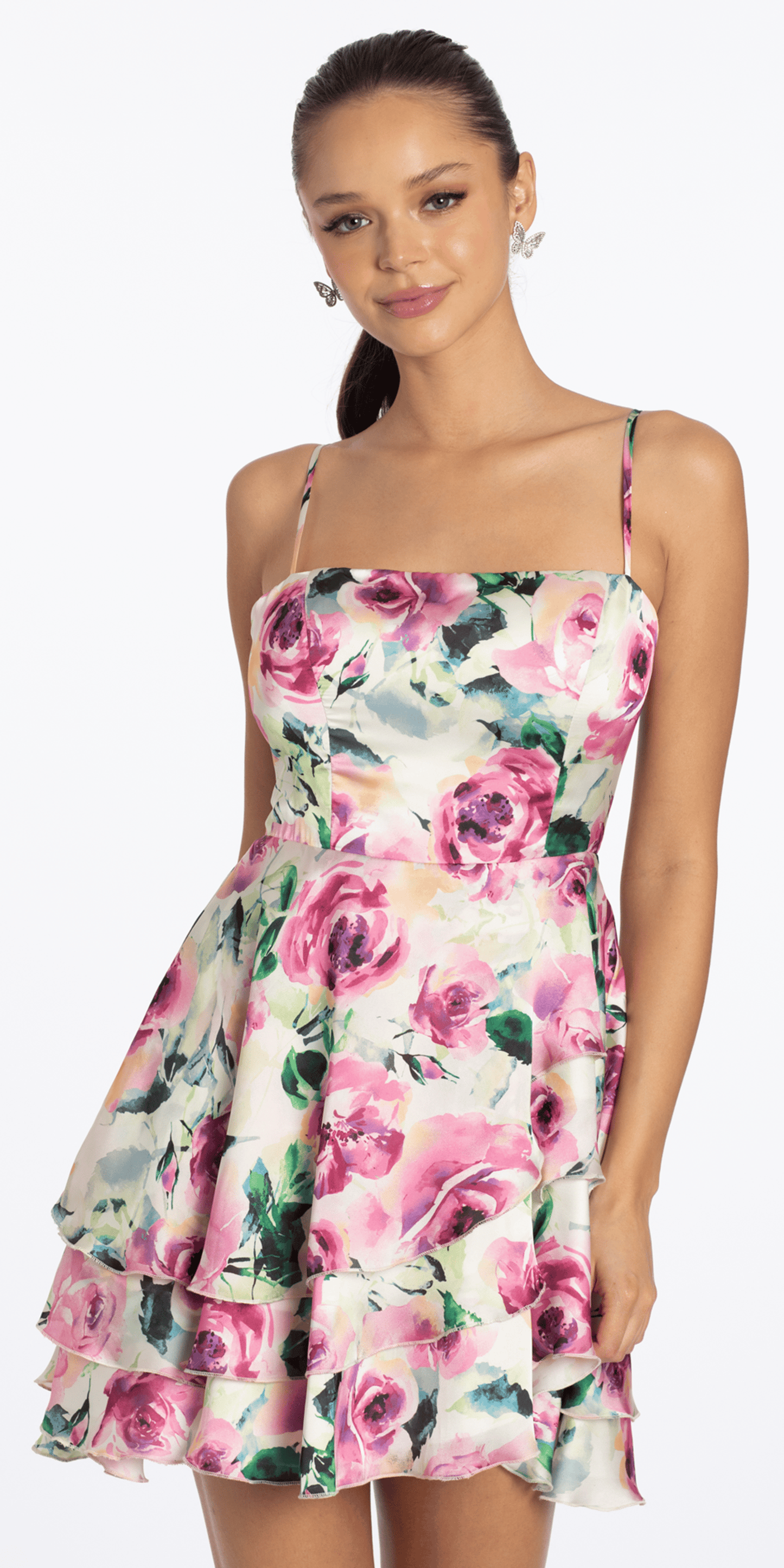Rose Print Satin Tiered Tie Back Skater Dress - Camille La Vie