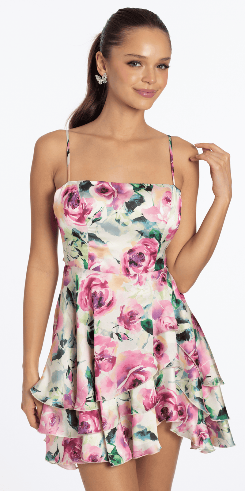 Rose Print Satin Tiered Tie Back Skater Dress - Camille La Vie