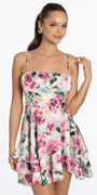 Rose Print Satin Tiered Tie Back Skater Dress - Camille La Vie
