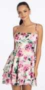 Rose Print Satin Tiered Tie Back Skater Dress - Camille La Vie