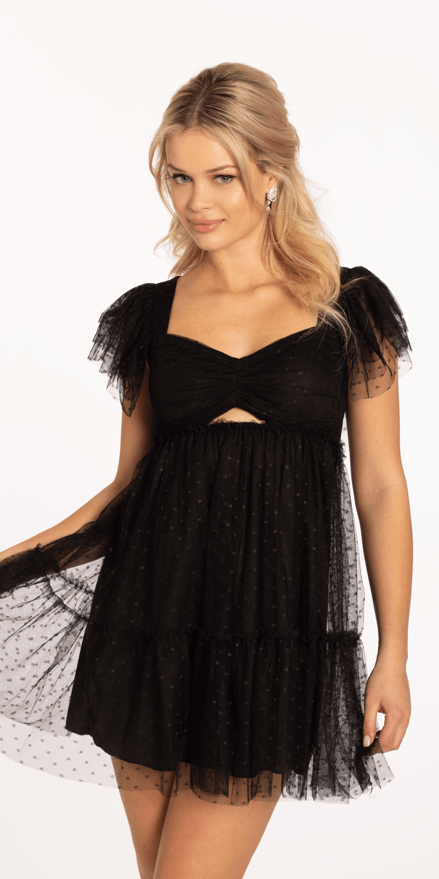 Peek a Boo Mesh Empire Tiered Shoulder Dress with Tie Back - Camille La Vie