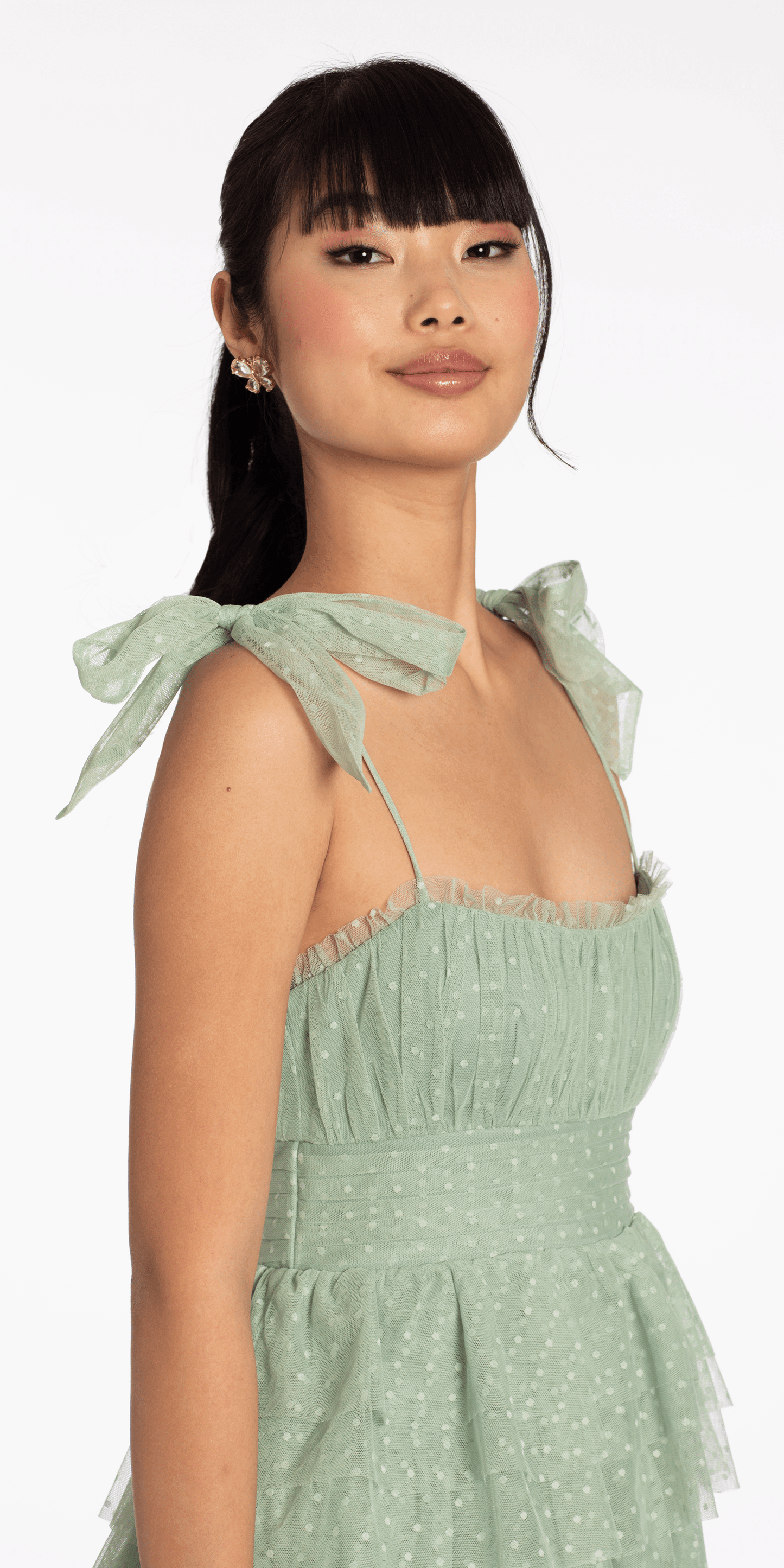 Tiered Mesh Embossed Fit and Flare Dress with Tie Straps - Camille La Vie
