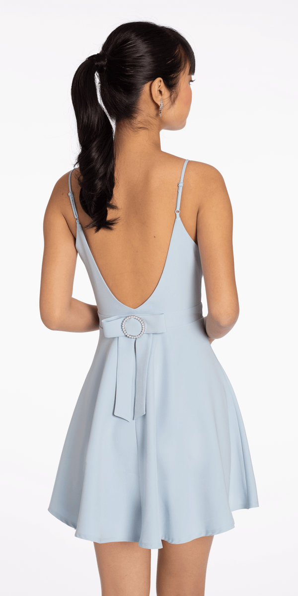 V Back Scuba Skater Dress with Pearl Bow - Camille La Vie