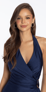 Satin Halter Drape Bodycon Dress with Metal Accent - Camille La Vie
