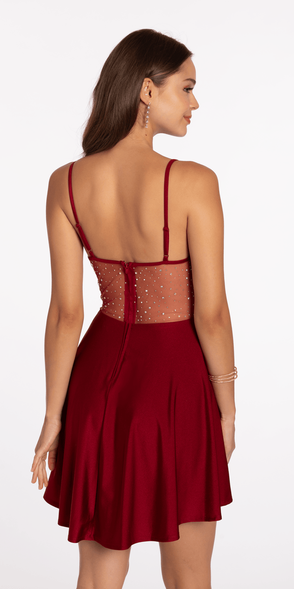 Drape Neck Satin Skater Dress with Sheer Back Panels - Camille La Vie