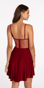 Drape Neck Satin Skater Dress with Sheer Back Panels - Camille La Vie